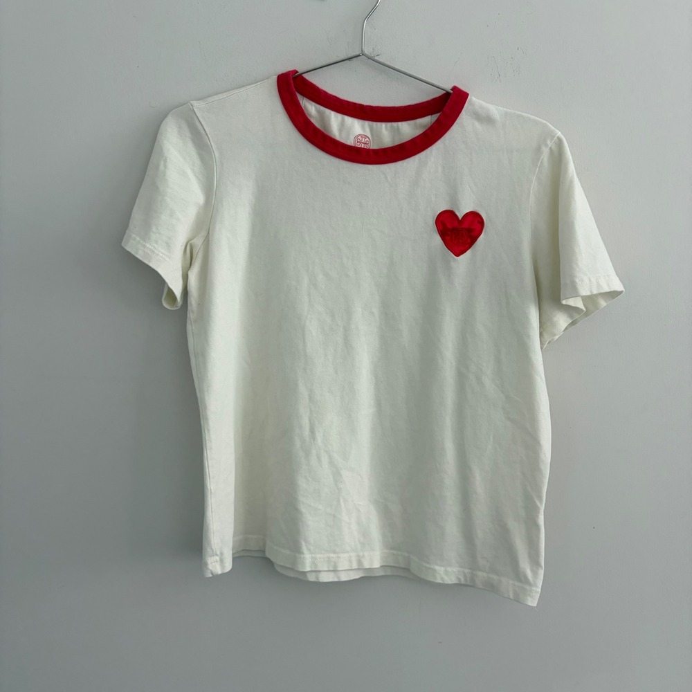 Tory Burch Womens Heart Patch Ringer T-Shirt White Red Size M
